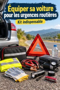 Un kit d'urgence automobile bien organisé avec des éléments essentiels pour les femmes qui conduisent.