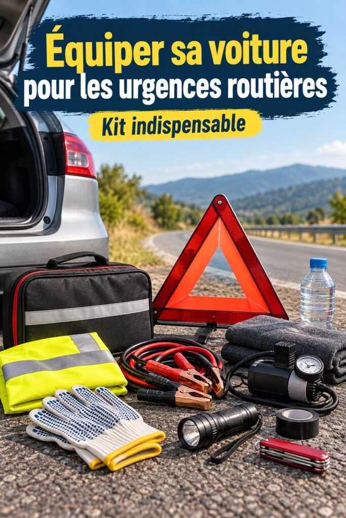 Un kit d'urgence automobile bien organisé avec des éléments essentiels pour les femmes qui conduisent.