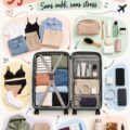 Femme organisant son bagage à main pour un voyage de 5 jours, avec des vêtements et accessoires bien rangés