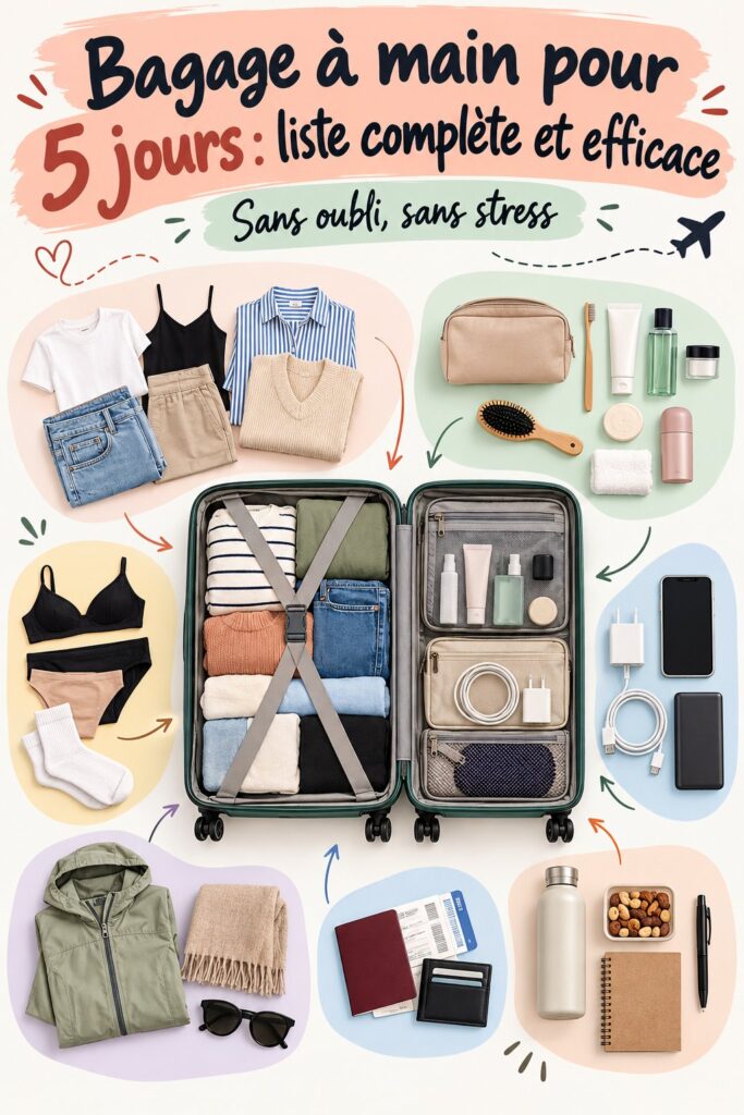Femme organisant son bagage à main pour un voyage de 5 jours, avec des vêtements et accessoires bien rangés