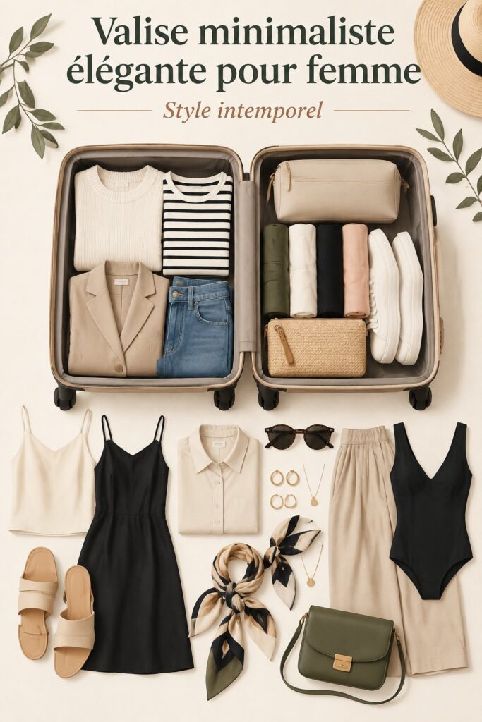 Valise élégante et accessoires de voyage sur un bagage de luxe