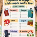 Vue d'une checklist de préparatifs de voyage sur une table, entourée d'objets de voyage.