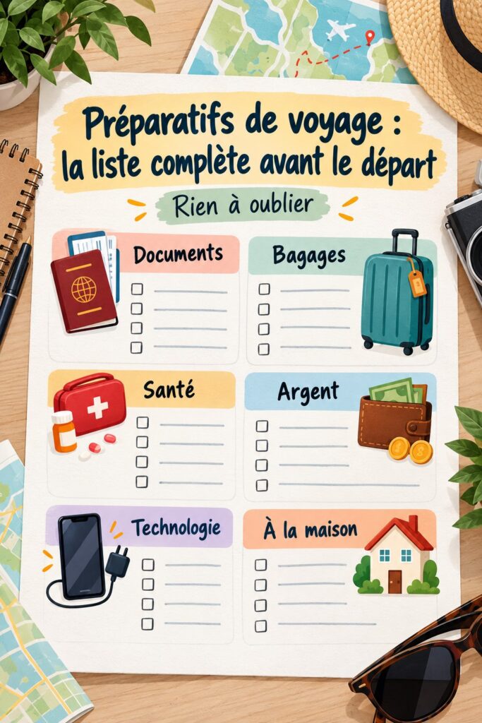 Vue d'une checklist de préparatifs de voyage sur une table, entourée d'objets de voyage.