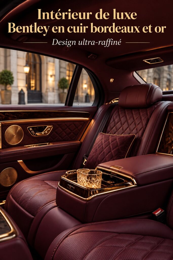 Intérieur d'une voiture Bentley avec cuir bordeaux et détails dorés