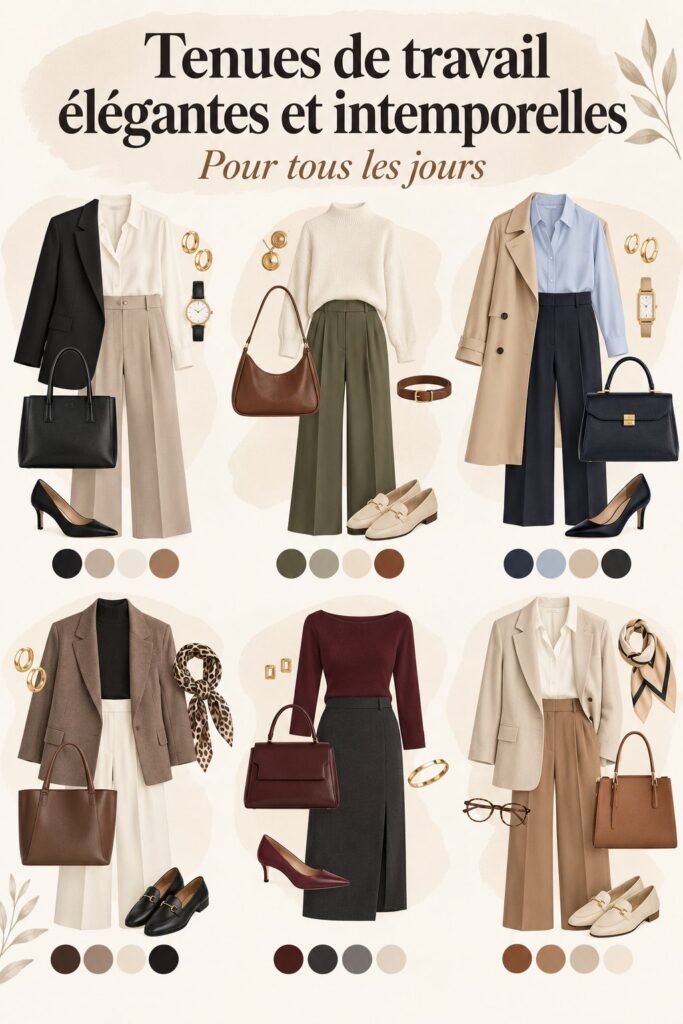 Femme élégante en tenue de travail chic, assise à un bureau