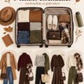 Une élégante valise ouverte montrant cinq tenues d'automne soigneusement pliées et organisées.