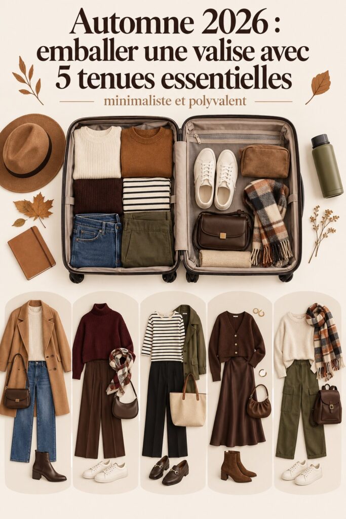 Une élégante valise ouverte montrant cinq tenues d'automne soigneusement pliées et organisées.