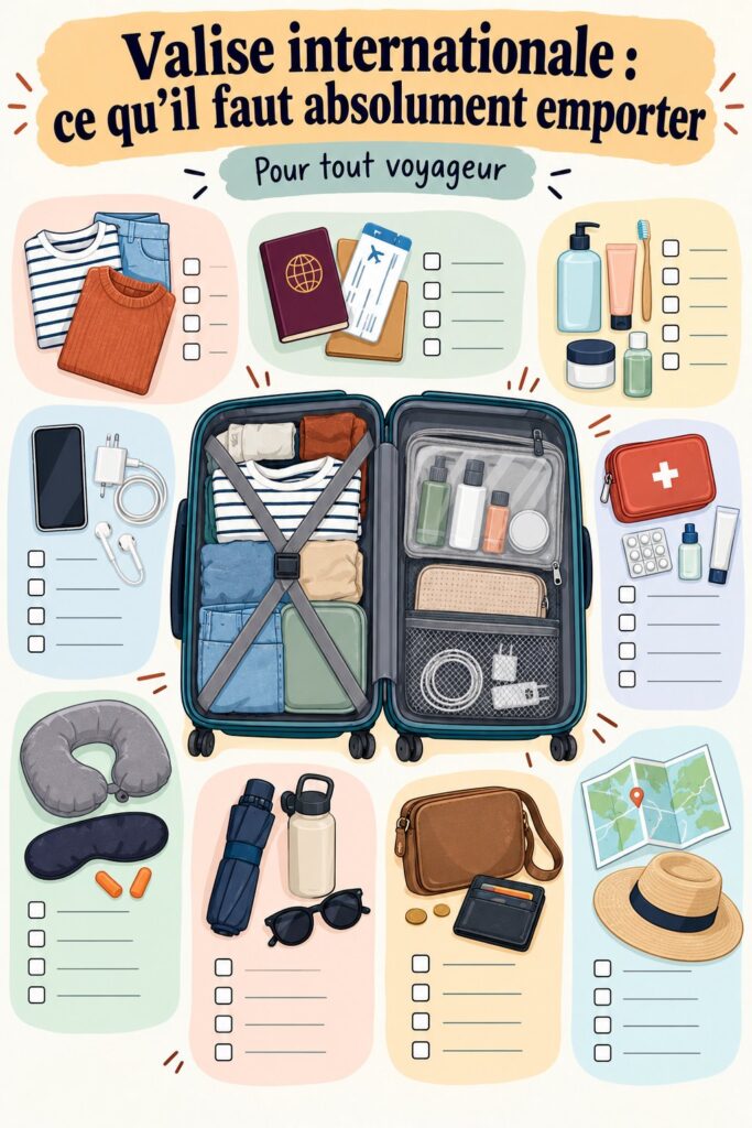 Valise prête pour un voyage international avec des essentiels bien organisés.